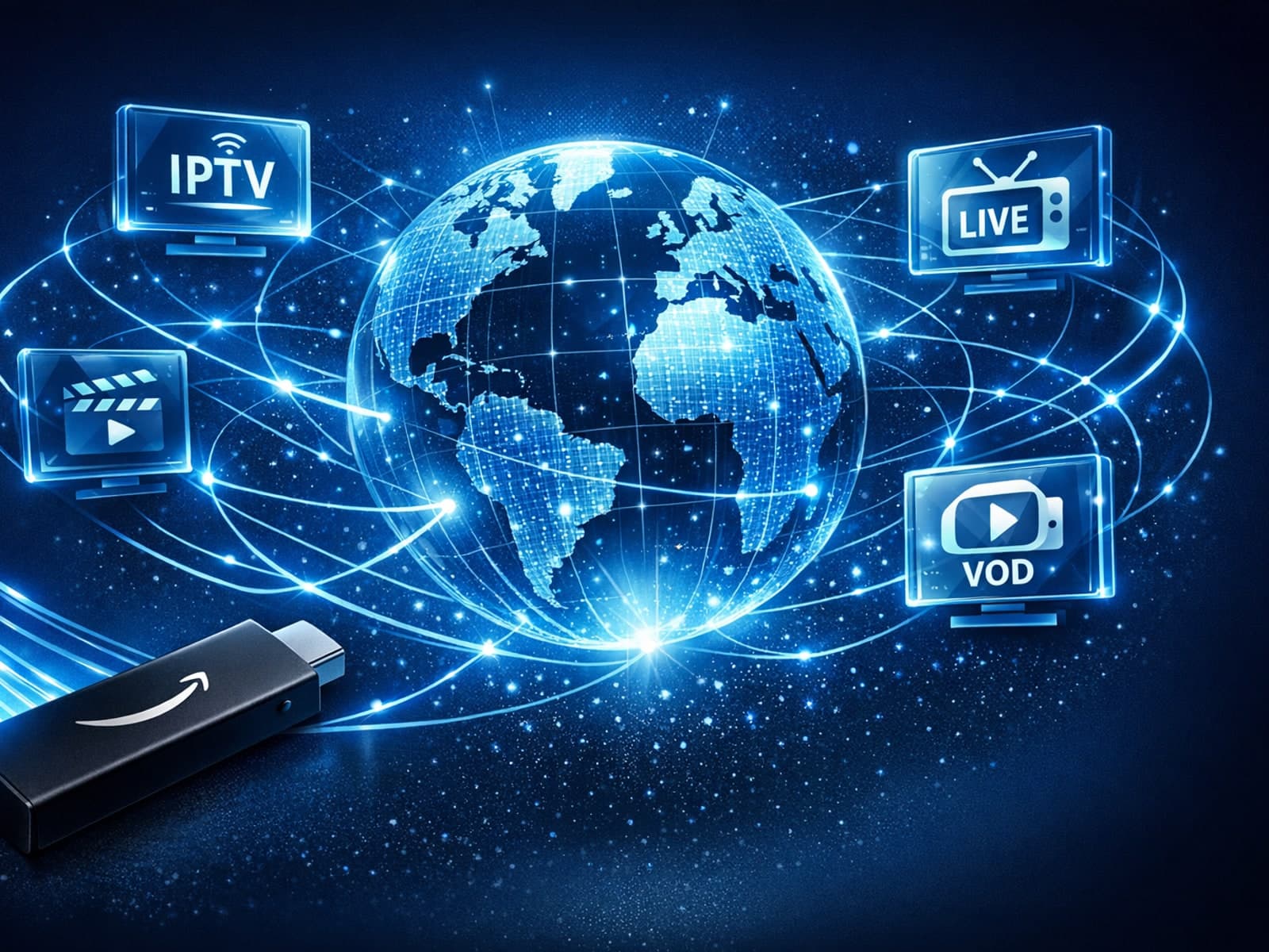 Abstract illustration of a Firestick device connected to a globe icon with streaming symbols, on a dark blue background, representing IPTV and DNS optimization
