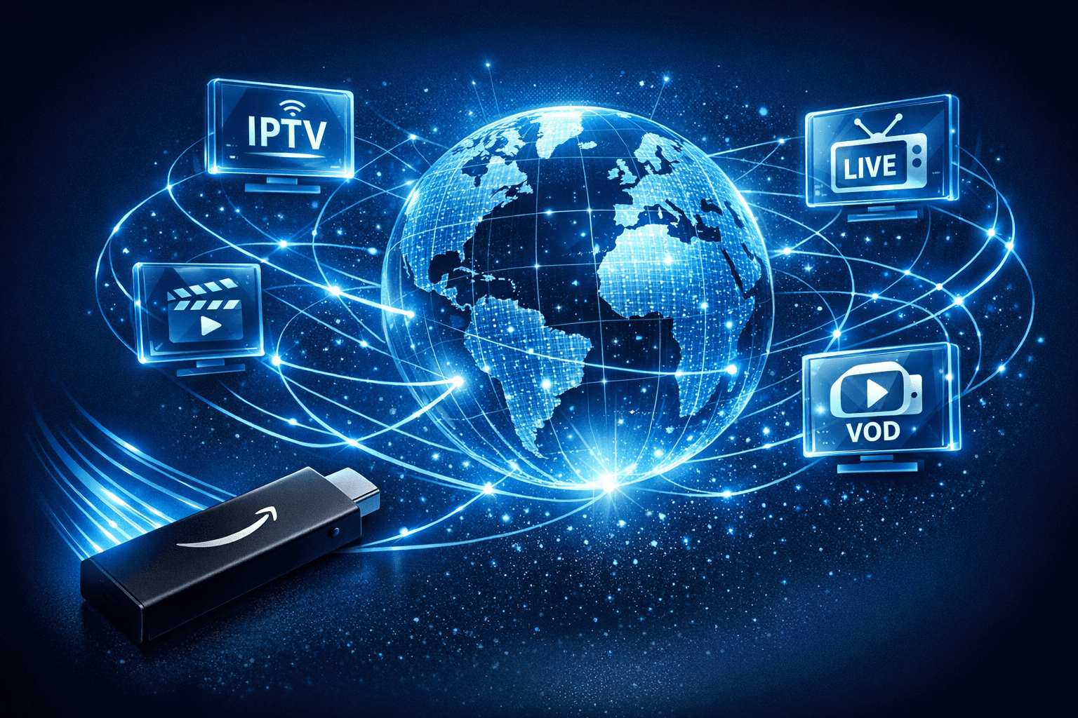 Abstract illustration of a Firestick device connected to a globe icon with streaming symbols, on a dark blue background, representing IPTV and DNS optimization