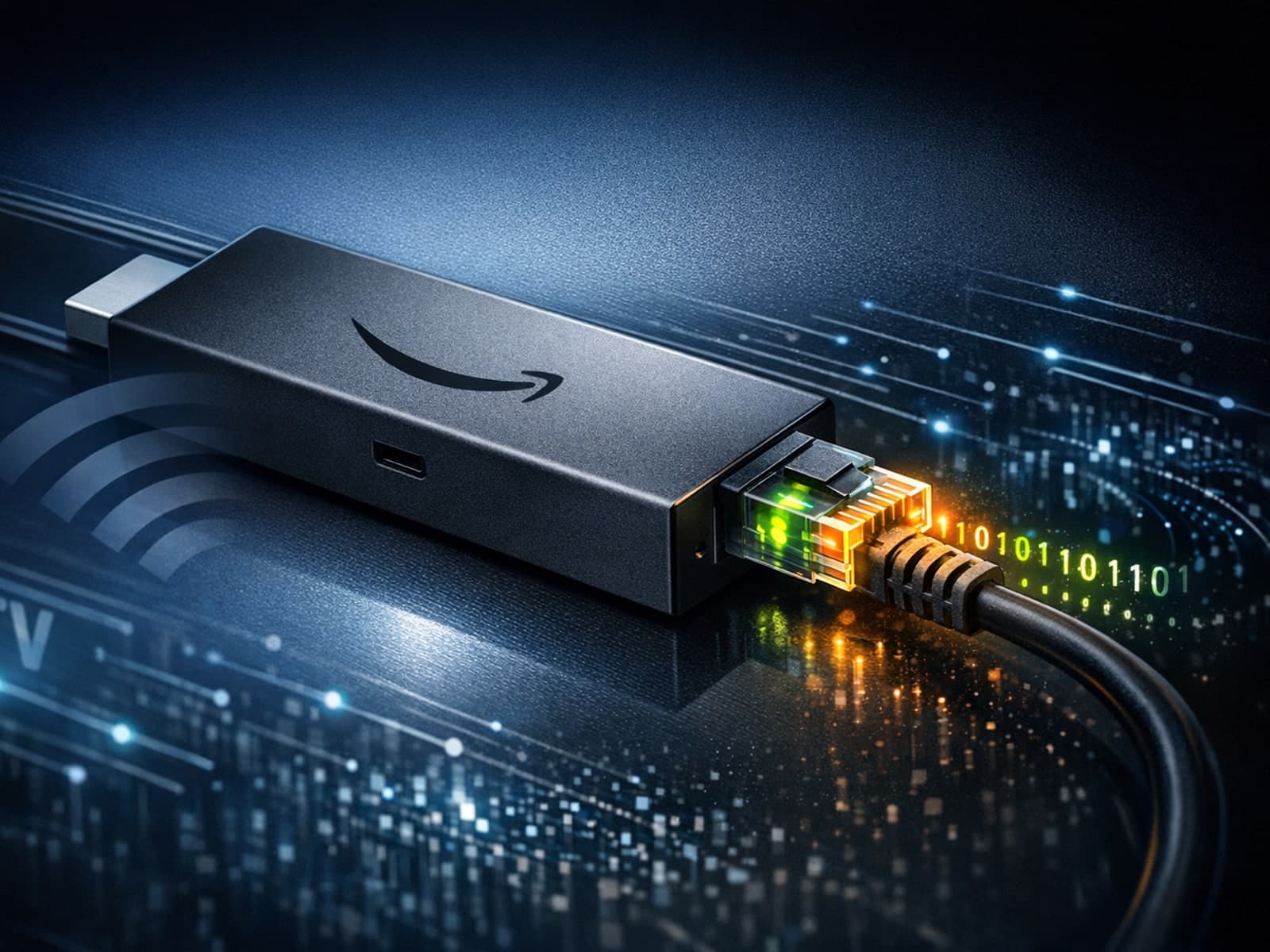 Fire TV Stick connected to Ethernet cable versus a wireless WiFi symbol representing IPTV streaming options
