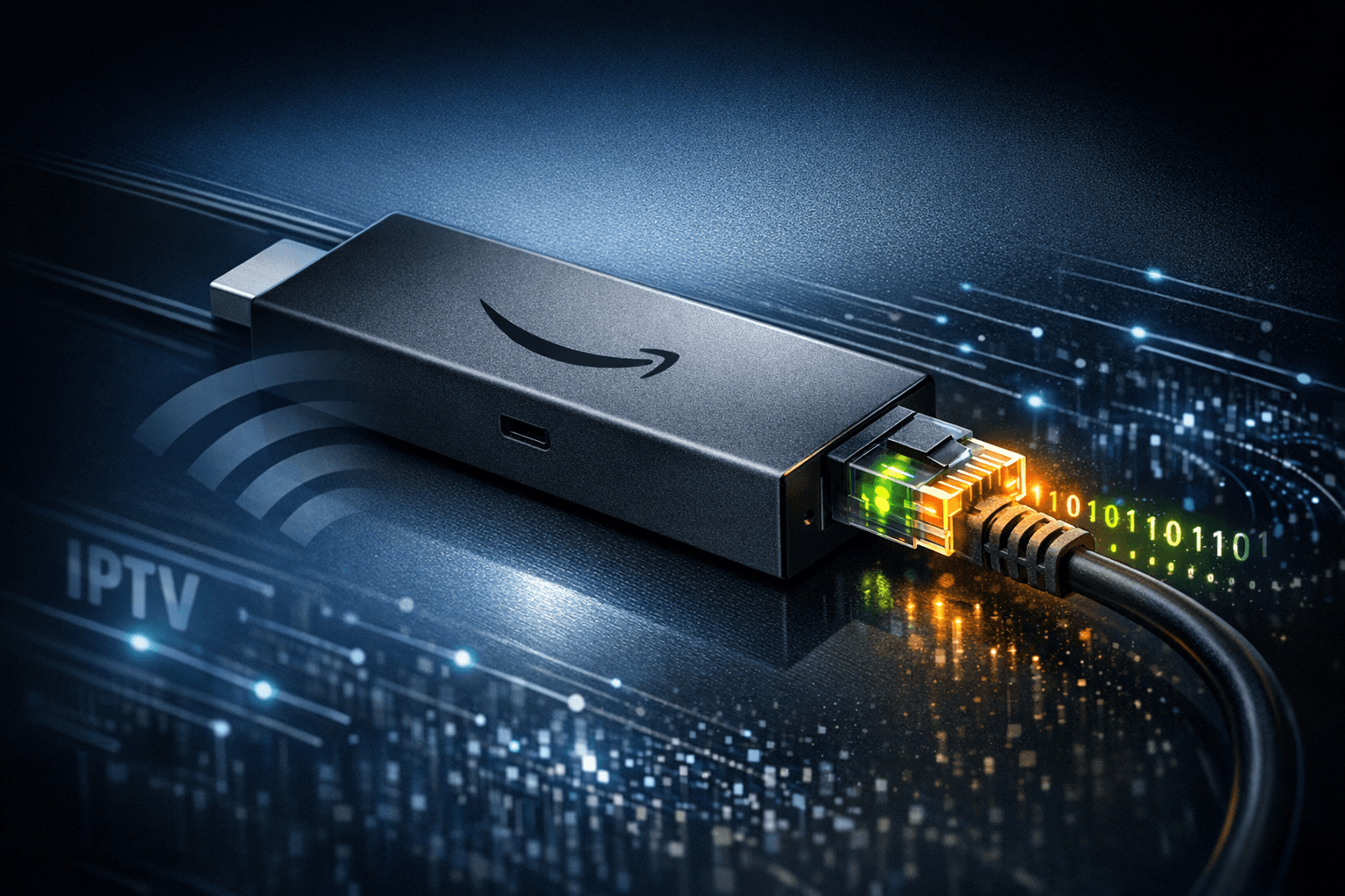 Fire TV Stick connected to Ethernet cable versus a wireless WiFi symbol representing IPTV streaming options