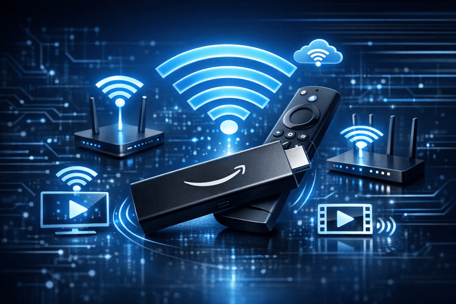 Illustration of Fire TV Stick streaming IPTV with WiFi signal settings icons on a dark blue background