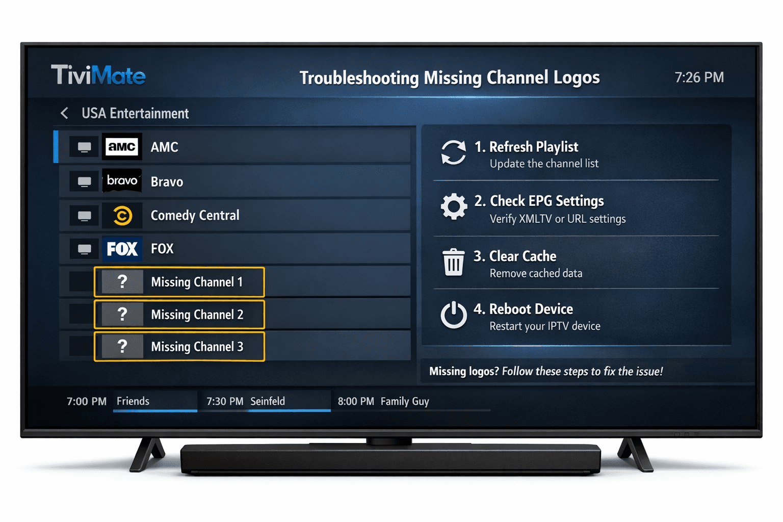 TiviMate IPTV app showing missing channel logos
