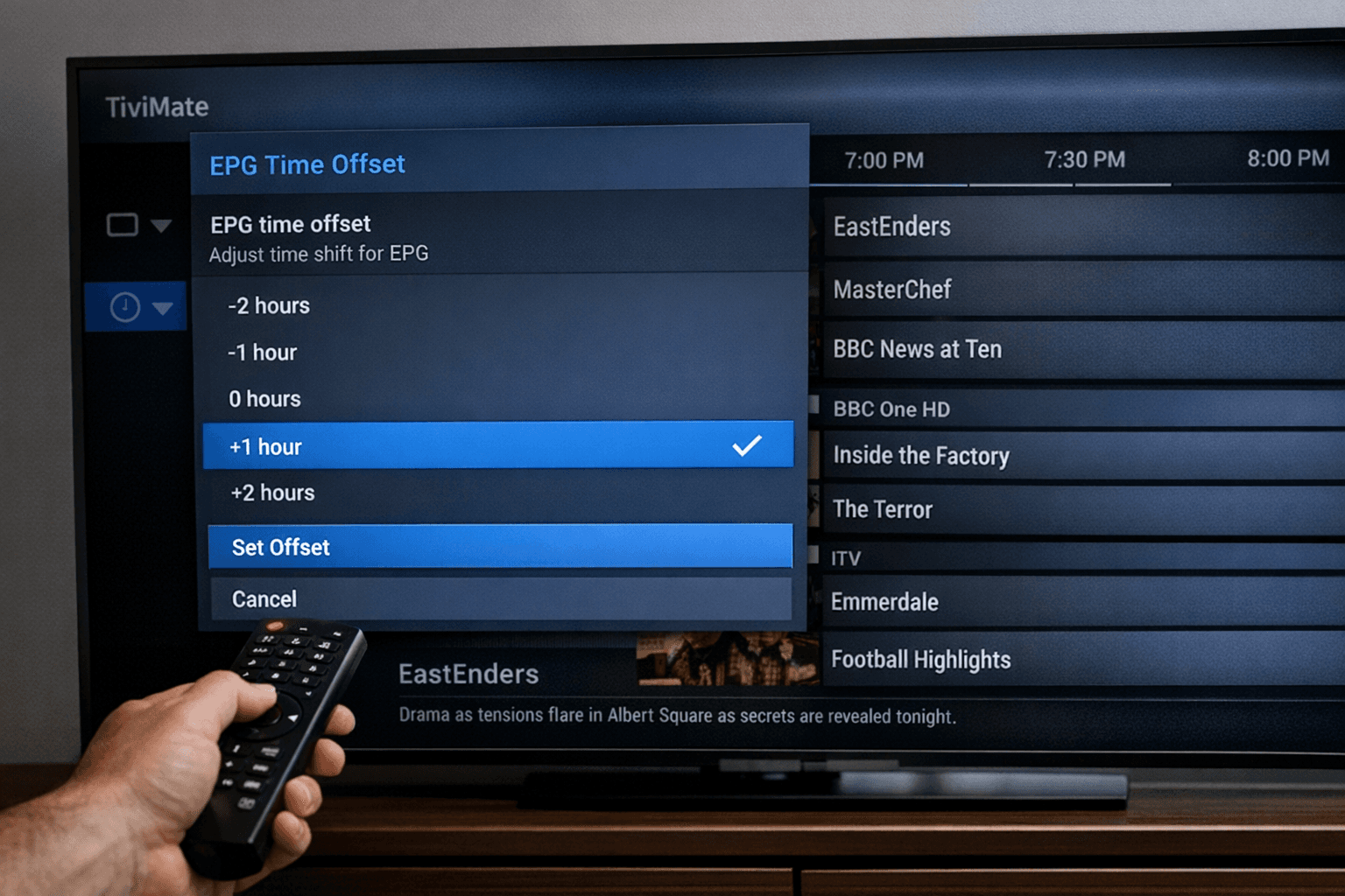TiviMate IPTV app displaying electronic program guide with corrected time