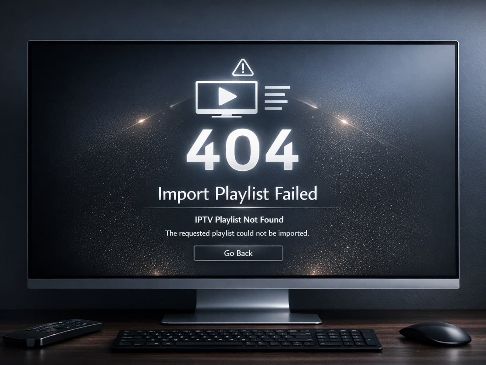 High-end editorial illustration of a VPN connection error with IPTV playlist import on a dark blue background