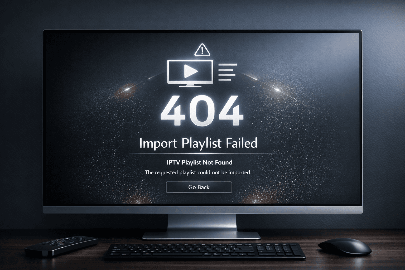 High-end editorial illustration of a VPN connection error with IPTV playlist import on a dark blue background