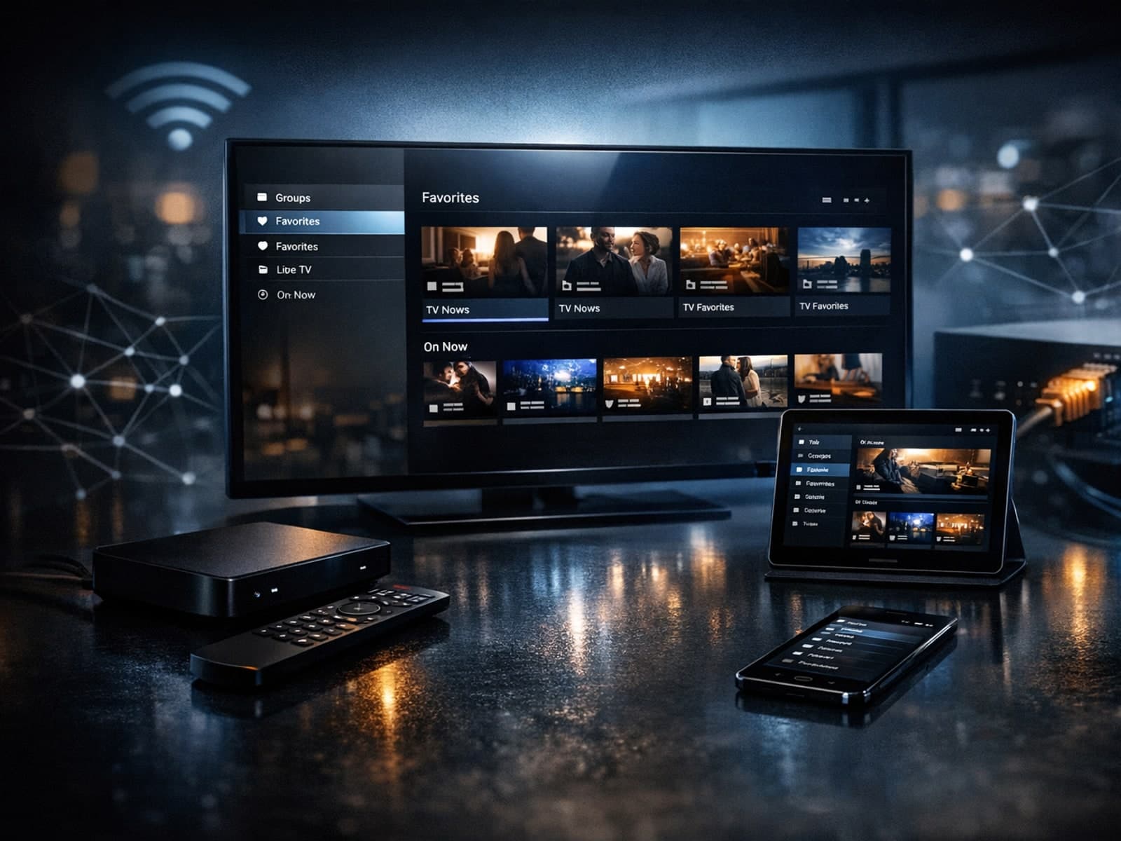 TiviMate IPTV interface showing organized channel groups and favorites on a dark blue themed screen