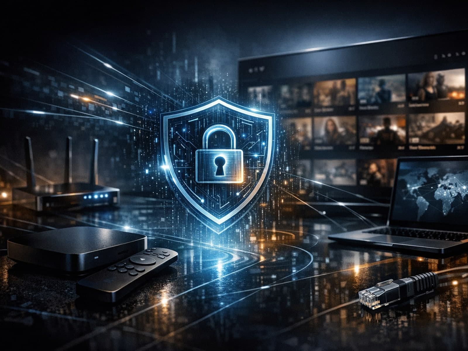 Editorial style illustration of VPN and IPTV streaming on digital devices against dark blue background