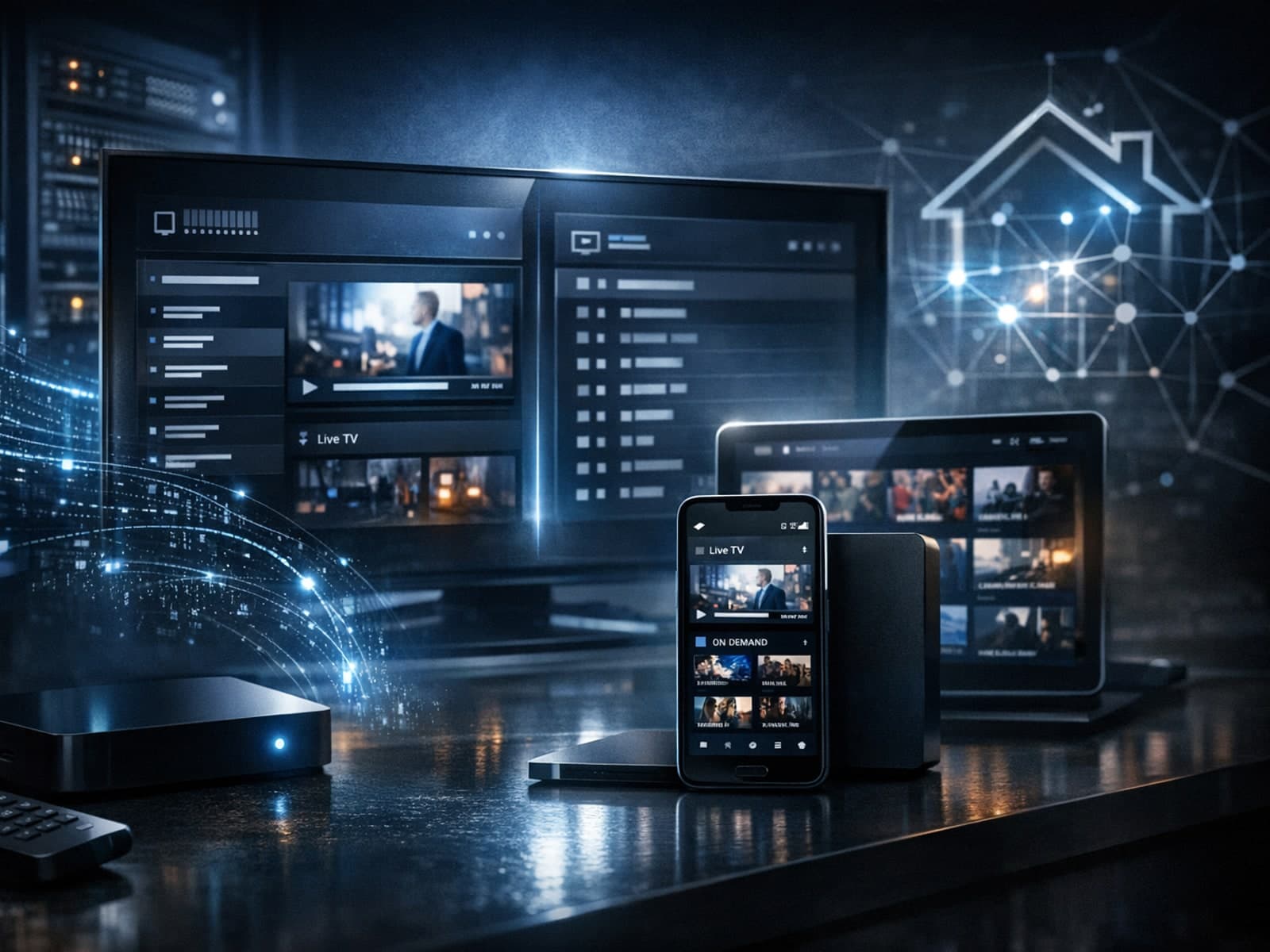 A sleek digital interface illustrating IPTV streaming comparison with dark blue tones