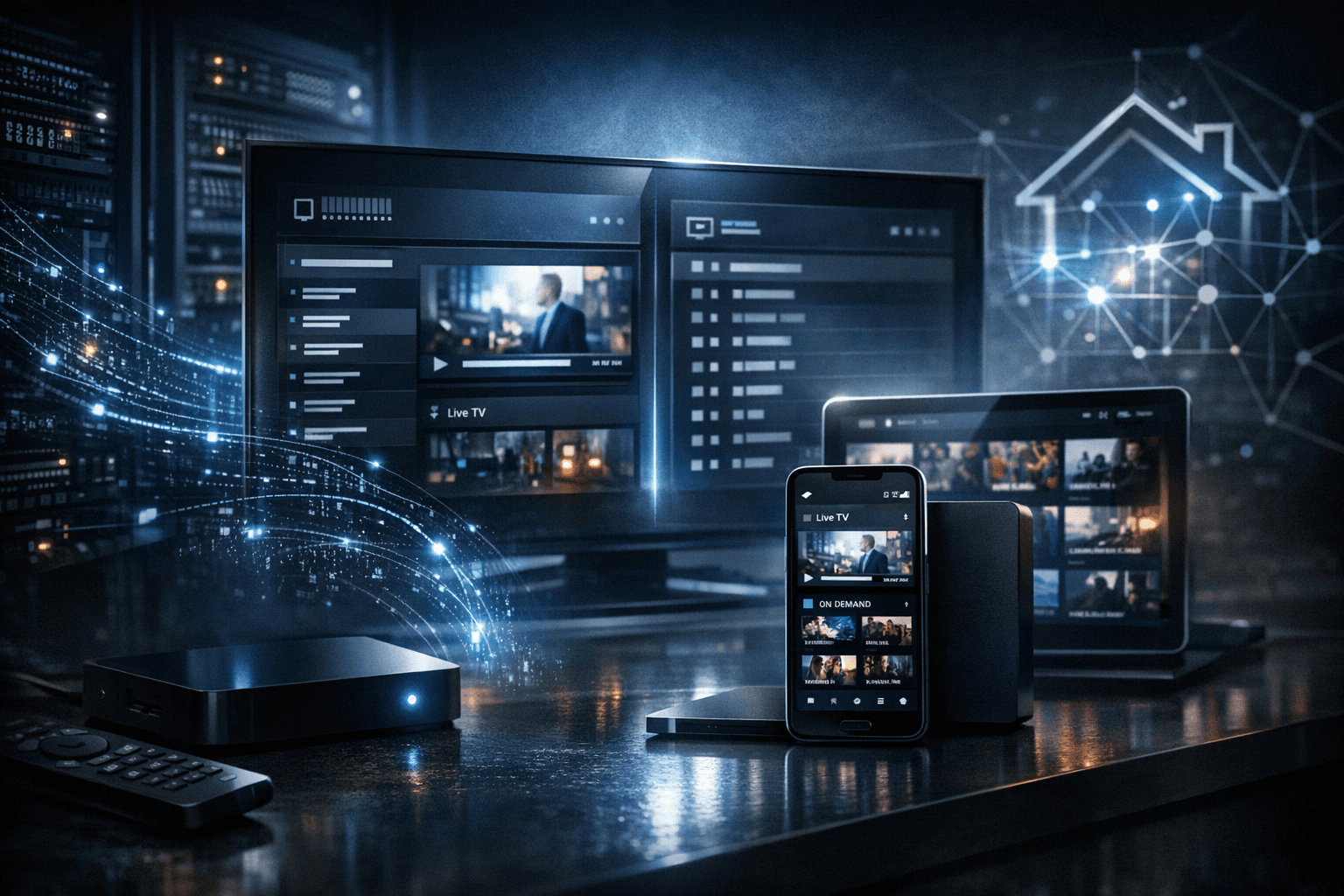 A sleek digital interface illustrating IPTV streaming comparison with dark blue tones