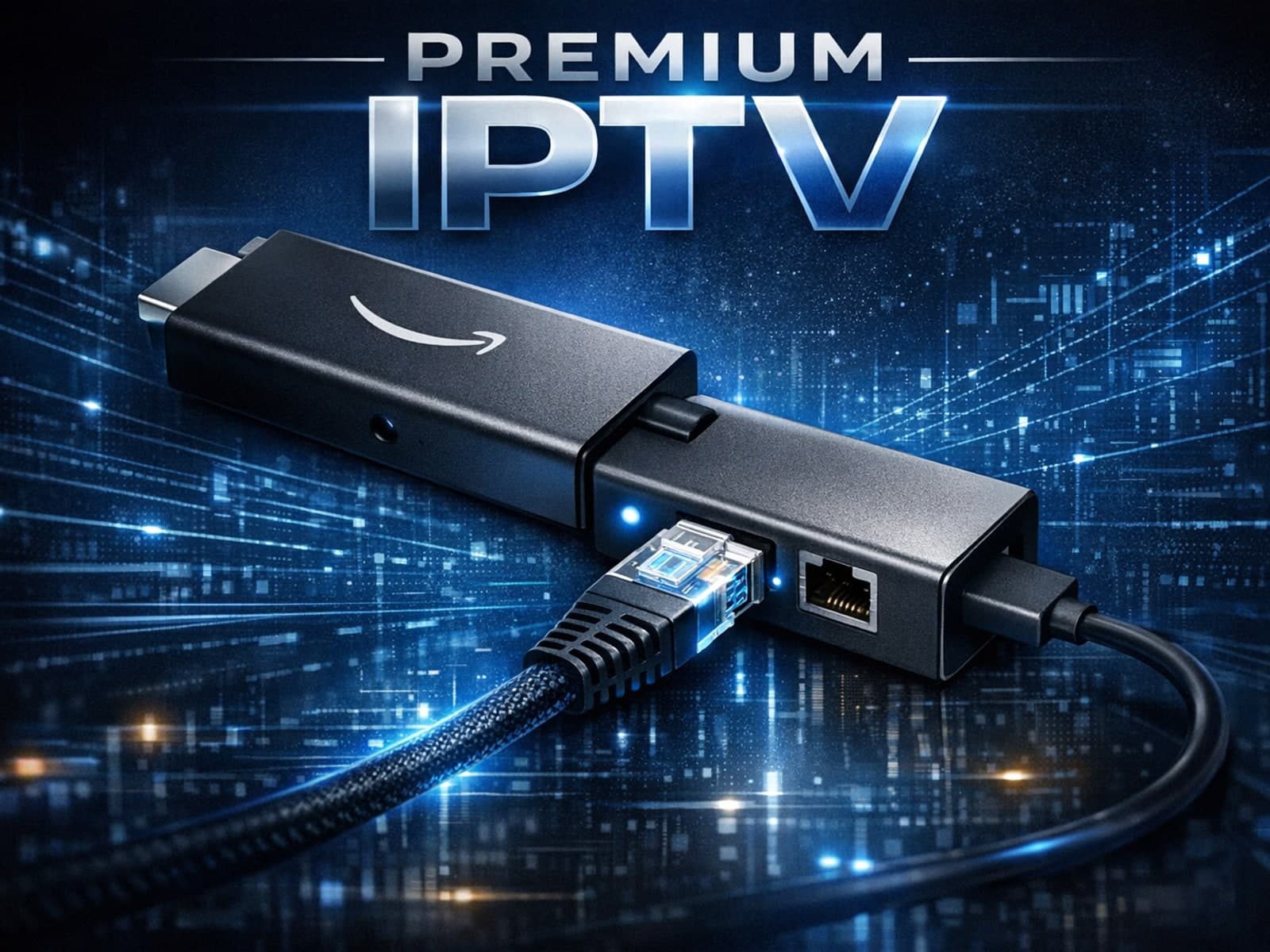 Close-up of Ethernet adapter connected to Fire TV Stick with network cables