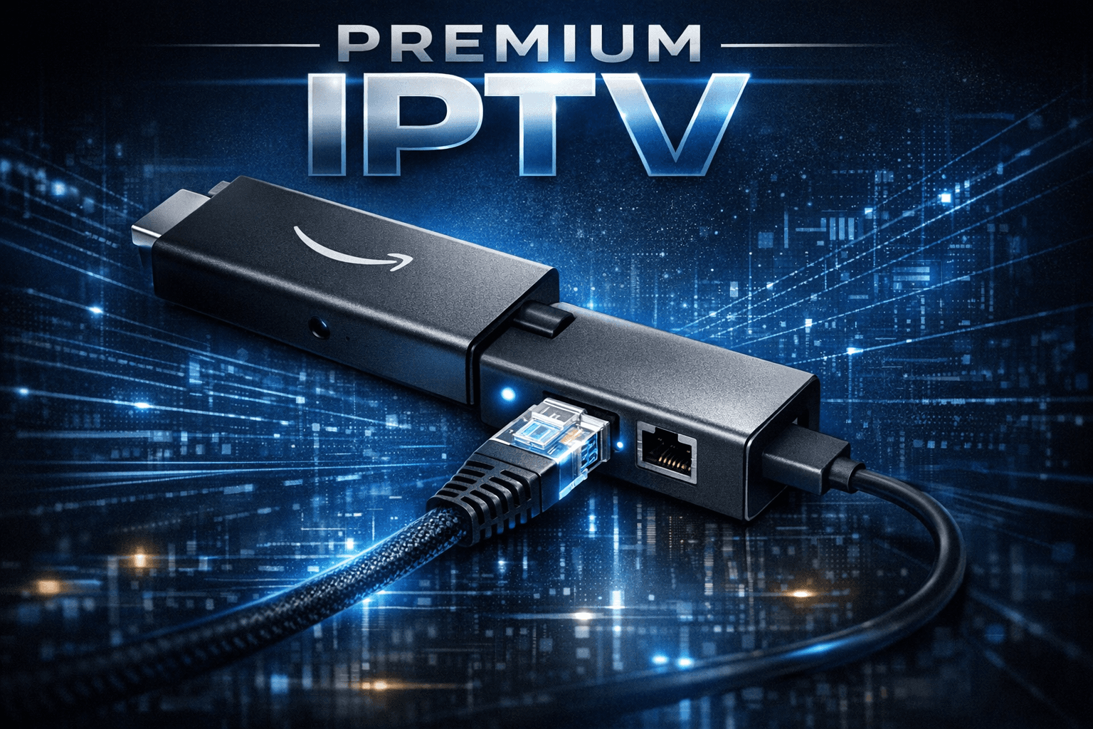 Close-up of Ethernet adapter connected to Fire TV Stick with network cables