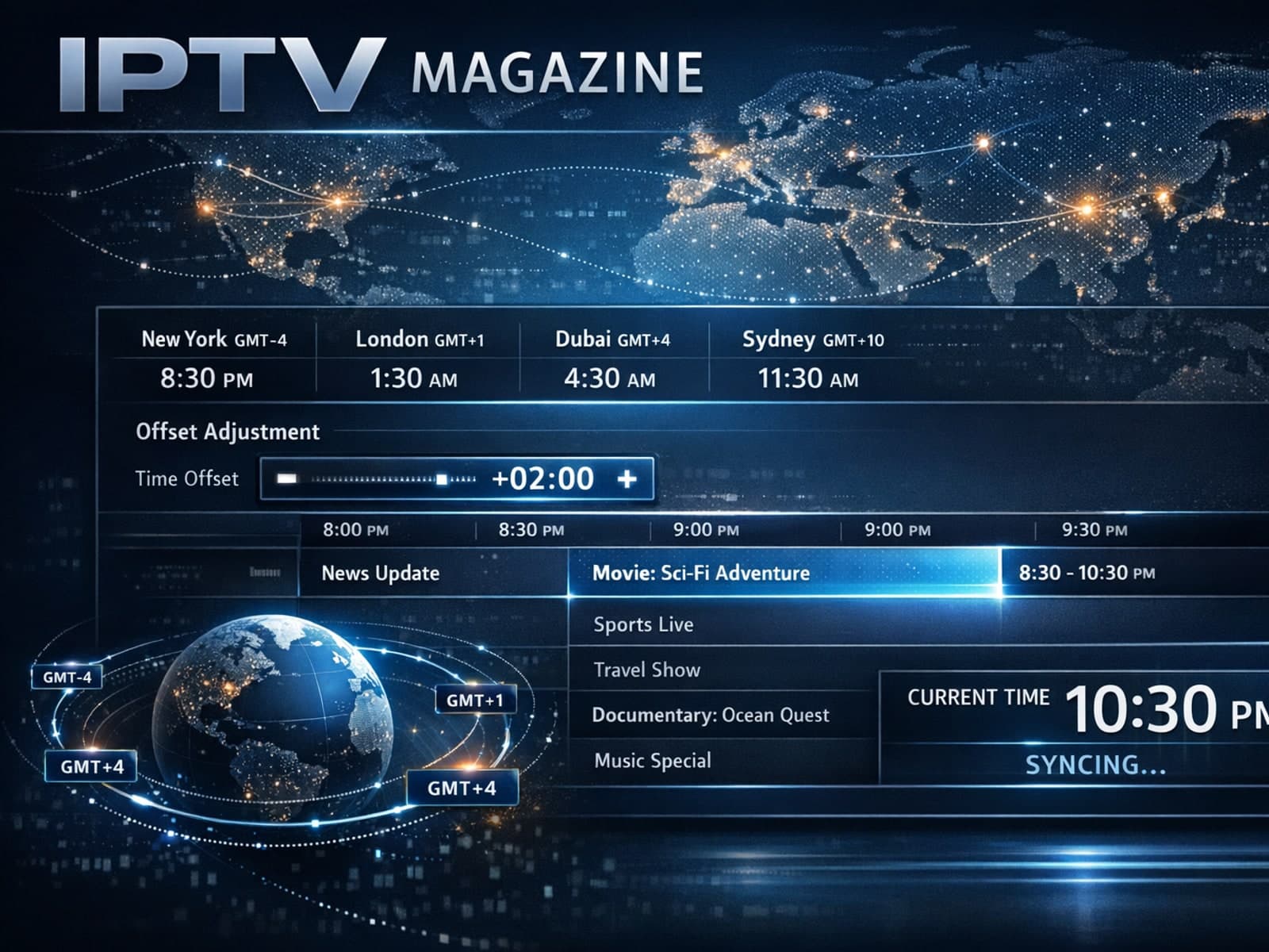 TiviMate app showing electronic program guide with time settings