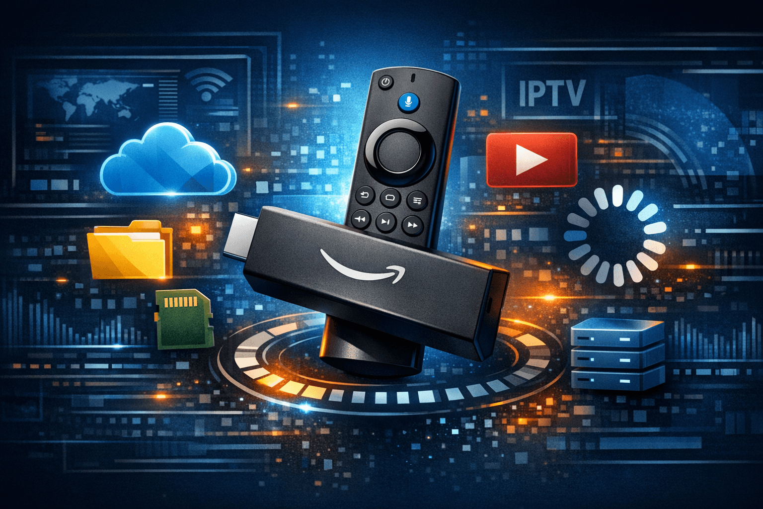 Fire TV Stick remote and on-screen storage settings menu with IPTV buffering