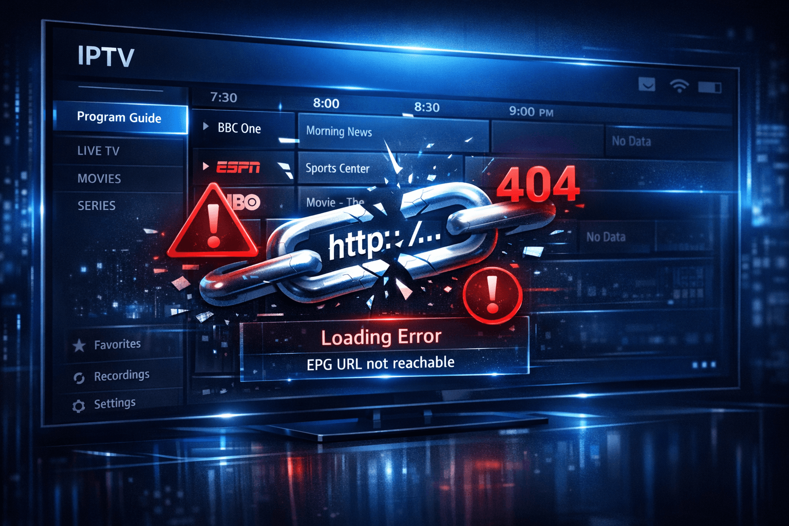 Illustration of a TV screen displaying IPTV EPG with a broken URL symbol overlay