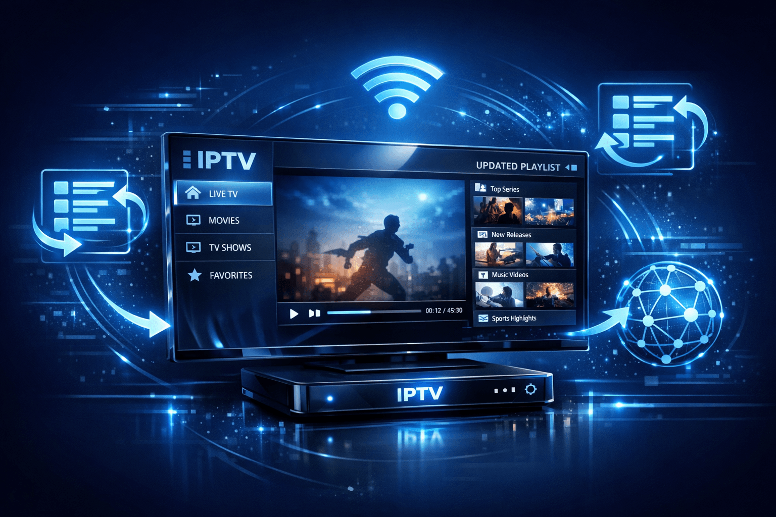Abstract dark blue IPTV interface with playlist update icons and sync symbols