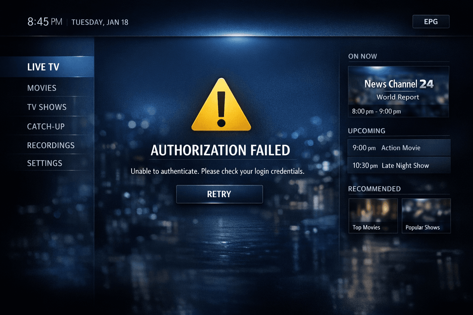 TiviMate app showing Xtream Codes authorization failed error message