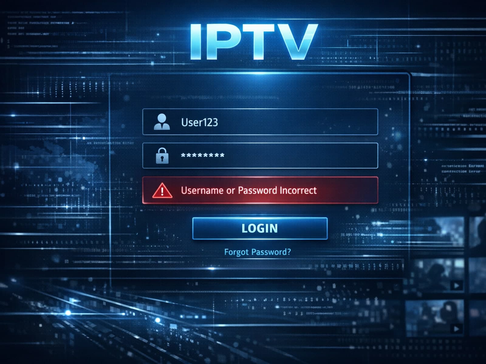 Digital login screen showing username and password error on a dark blue IPTV interface
