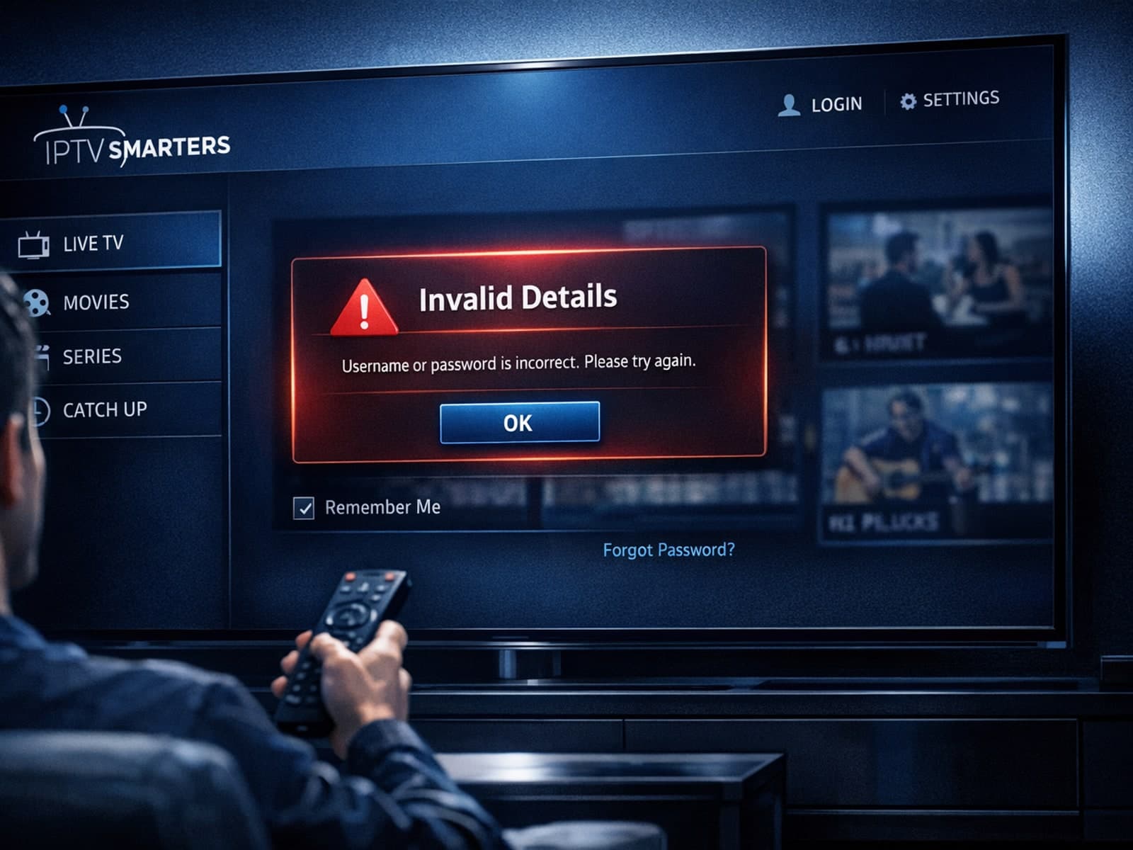 IPTV Smarters app login screen showing Invalid Details error message