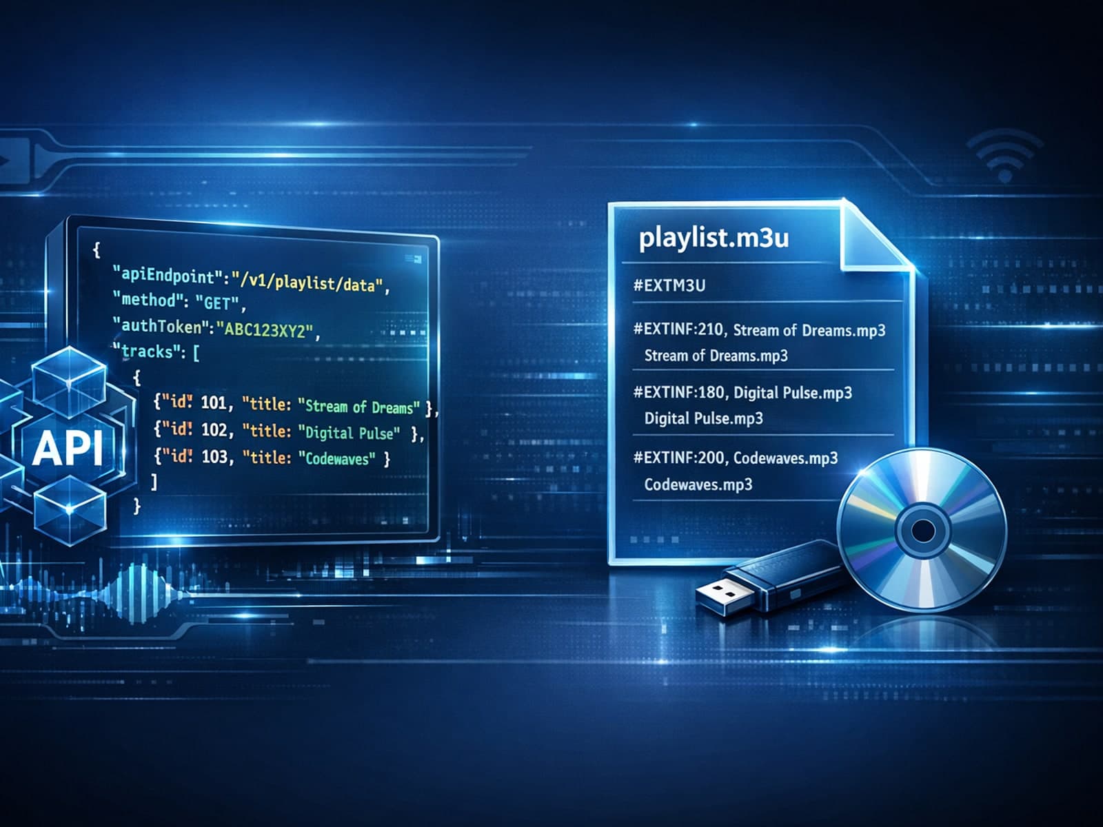 Comparative concept of IPTV playlist update methods illustrated with digital streaming icons