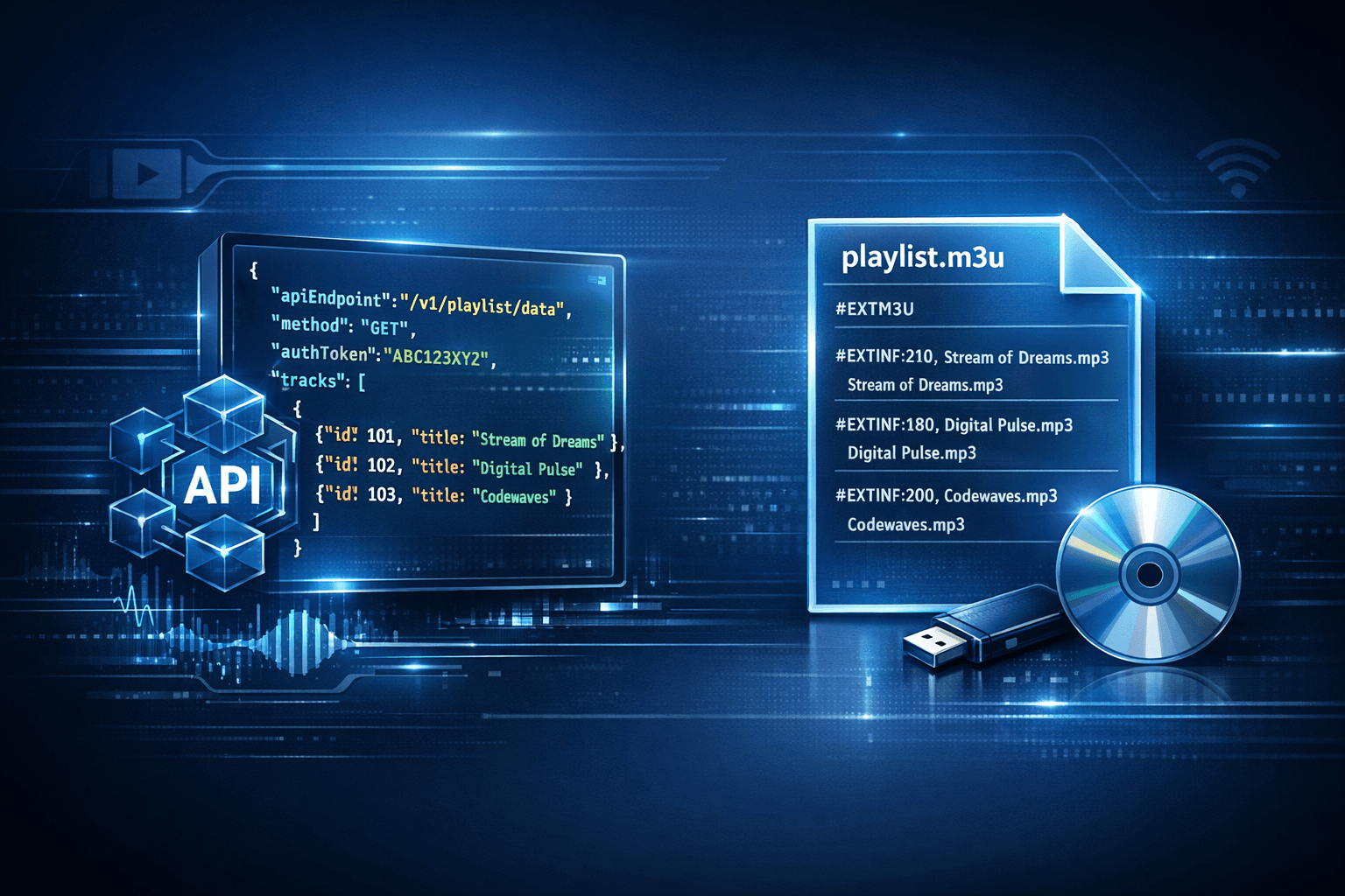 Comparative concept of IPTV playlist update methods illustrated with digital streaming icons