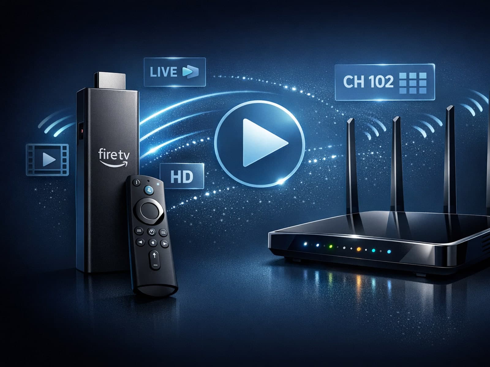 Illustration of a Fire TV Stick connected to a WiFi router with IPTV streaming interface on a dark blue background