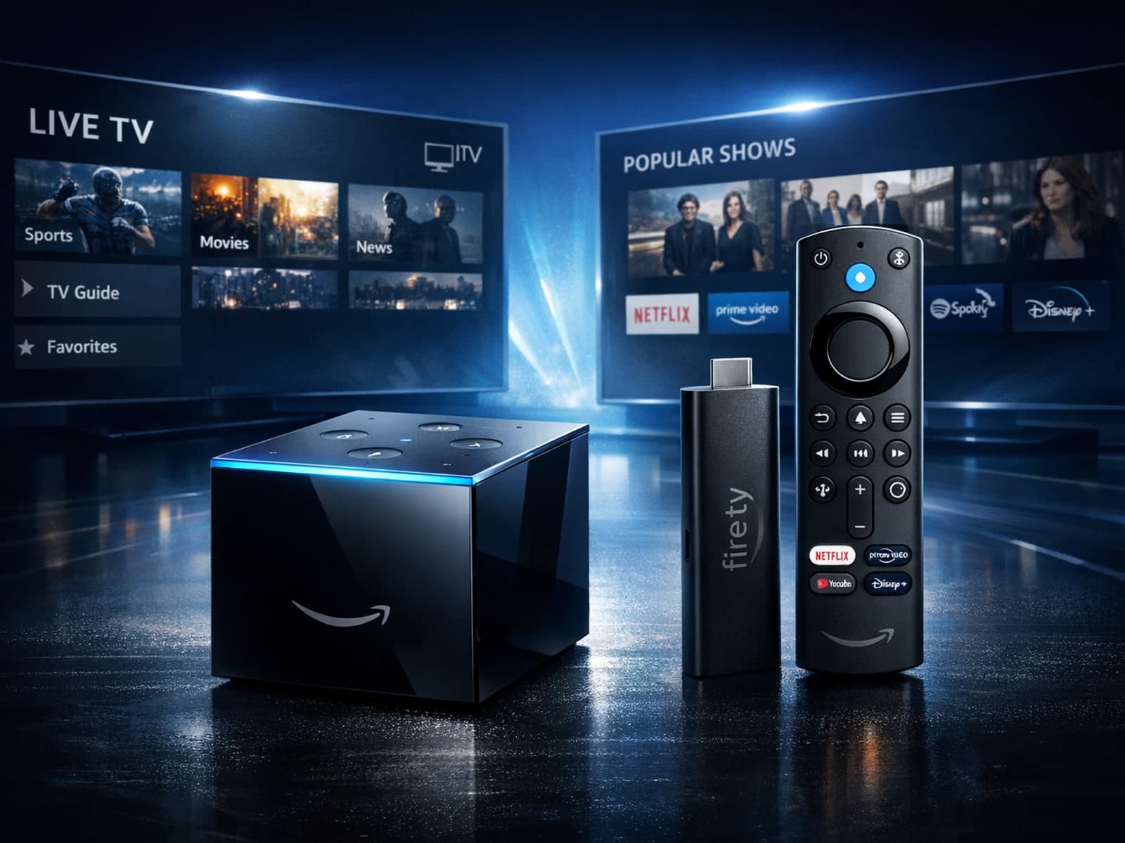 Comparison of Fire TV Cube and Fire TV Stick 4K Max devices with IPTV streaming graphics