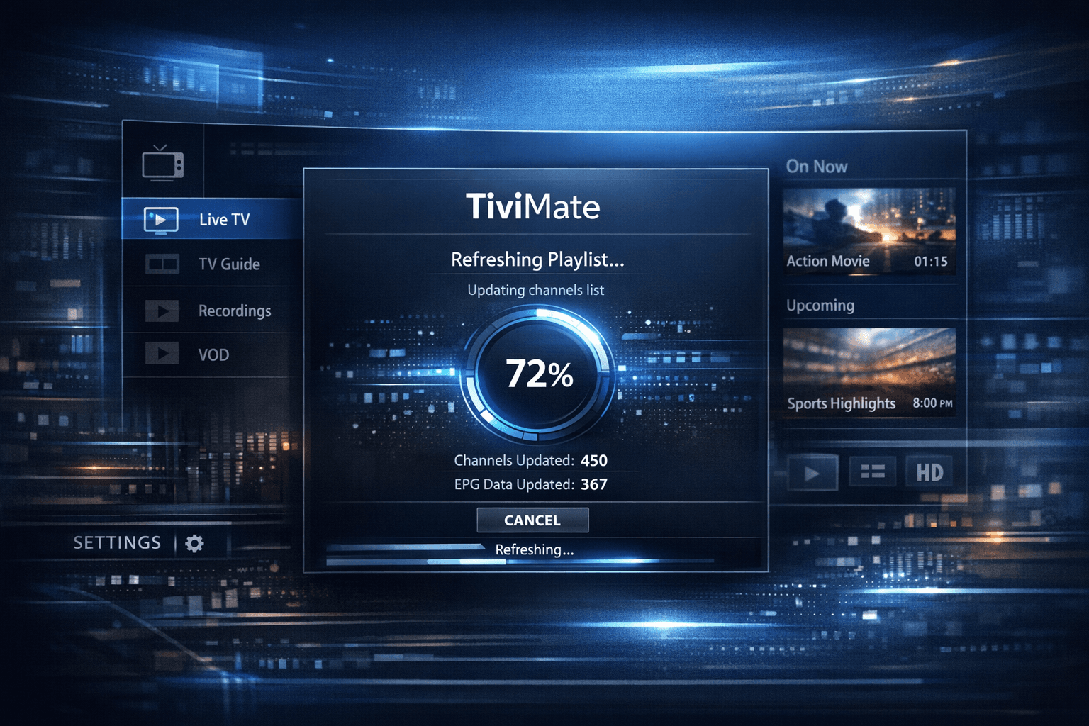 TiviMate app showing playlist refresh error on IPTV streaming device