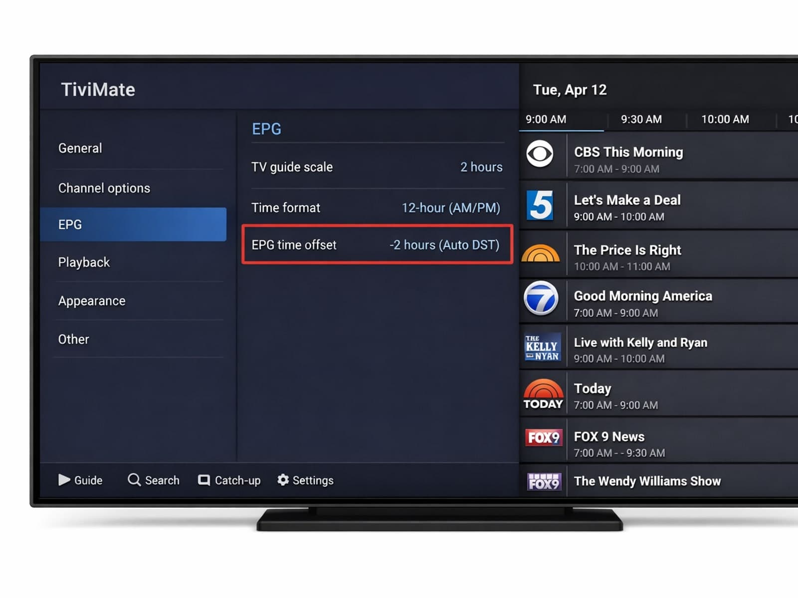 TiviMate app showing Electronic Program Guide with time offset adjustment