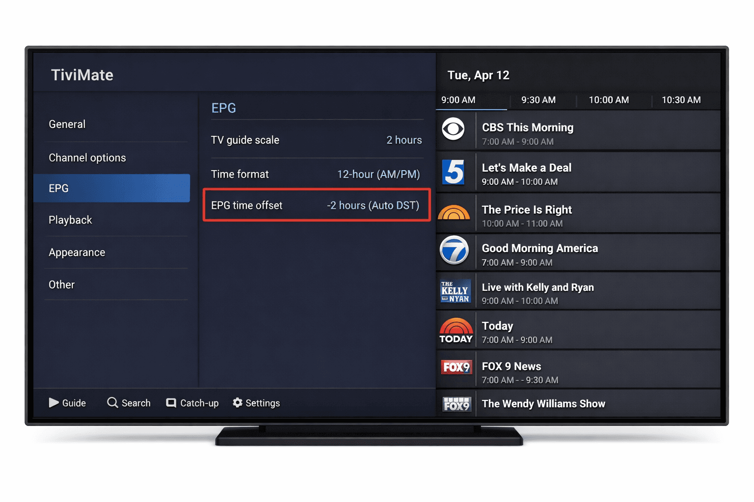 TiviMate app showing Electronic Program Guide with time offset adjustment