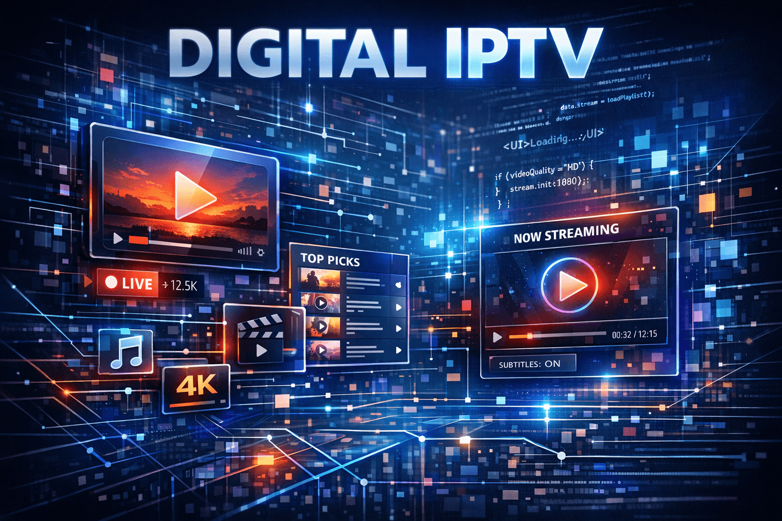 Digital graphic showing IPTV playlists and streaming icons over a dark blue background