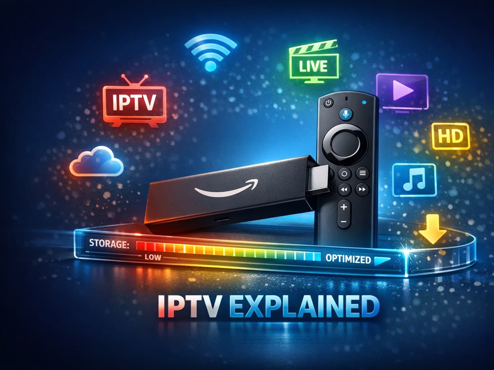 Fire TV Stick device with IPTV icons and digital storage symbol in blue tones