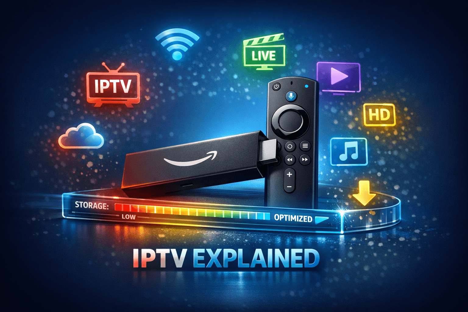 Fire TV Stick device with IPTV icons and digital storage symbol in blue tones