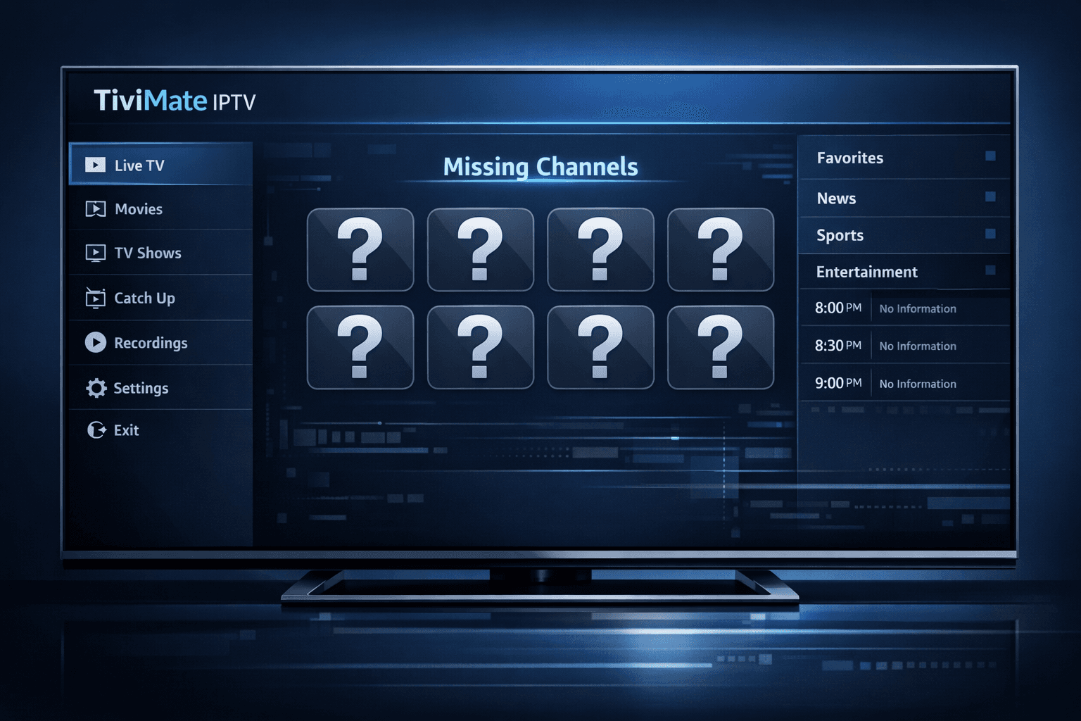 Illustration of a TV screen with missing IPTV channel logos in TiviMate app, dark blue themed editorial style