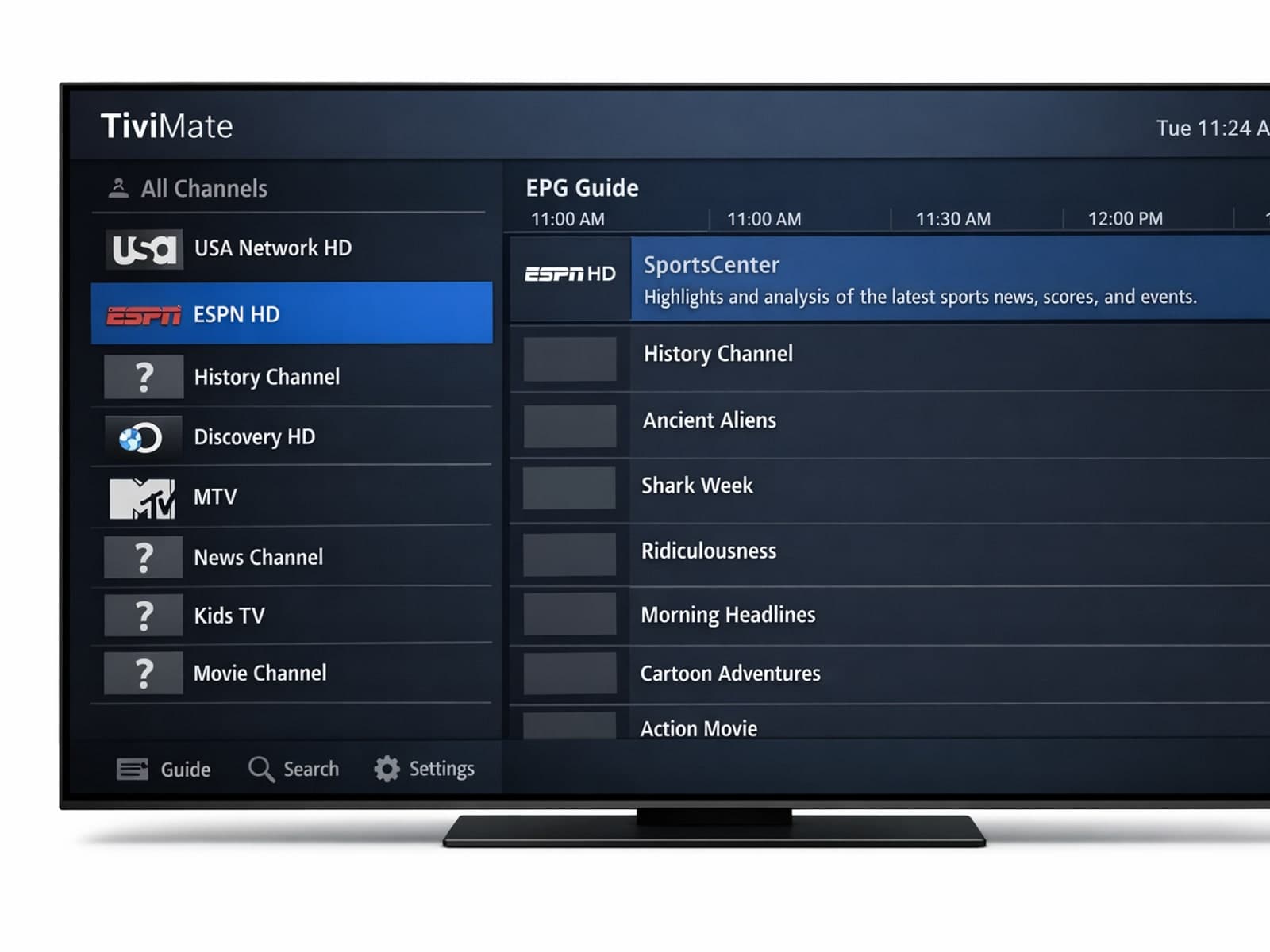 TiviMate IPTV app displaying channel logos on Android TV