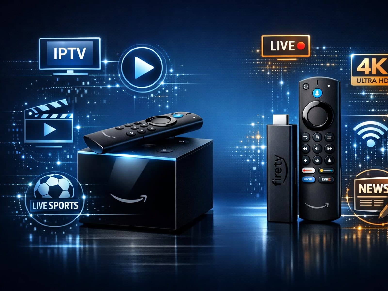 Amazon Fire TV Cube and Fire TV Stick 4K Max devices side by side for IPTV streaming comparison