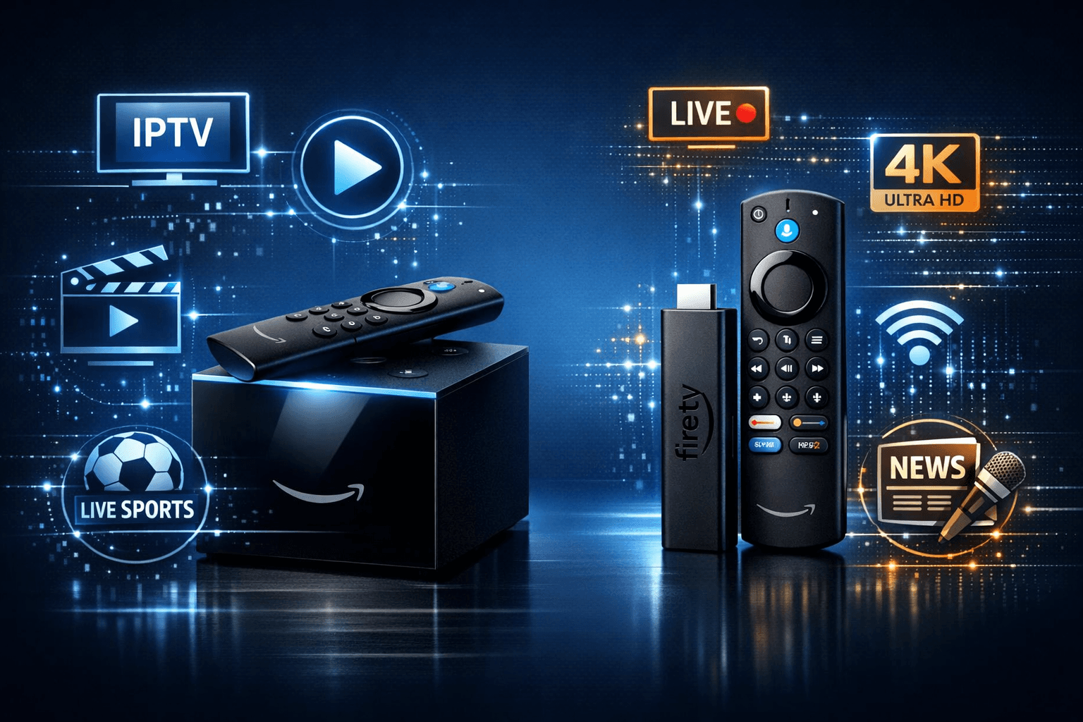 Amazon Fire TV Cube and Fire TV Stick 4K Max devices side by side for IPTV streaming comparison