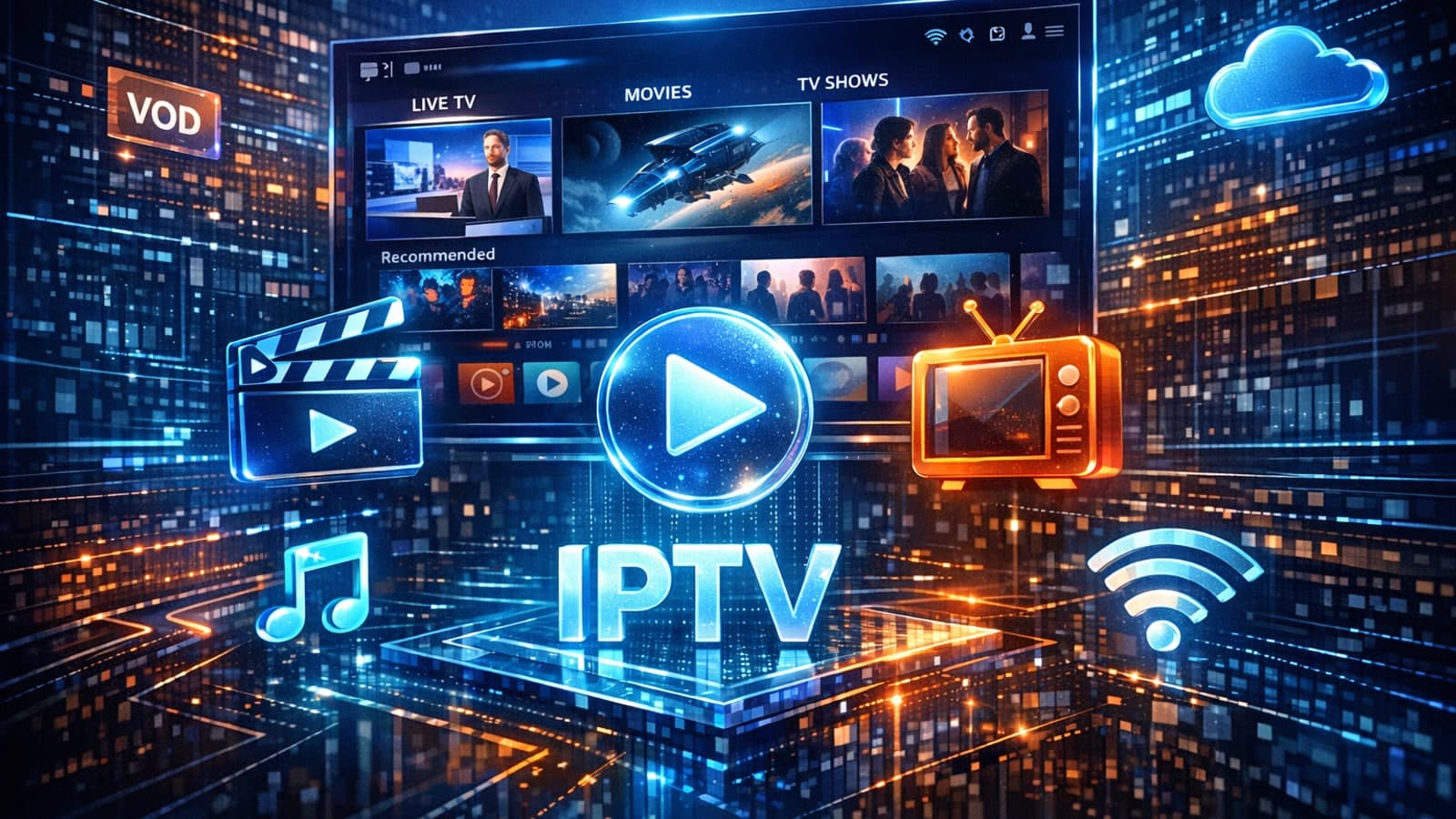 Modern IPTV interface with streaming icons over a dark blue background