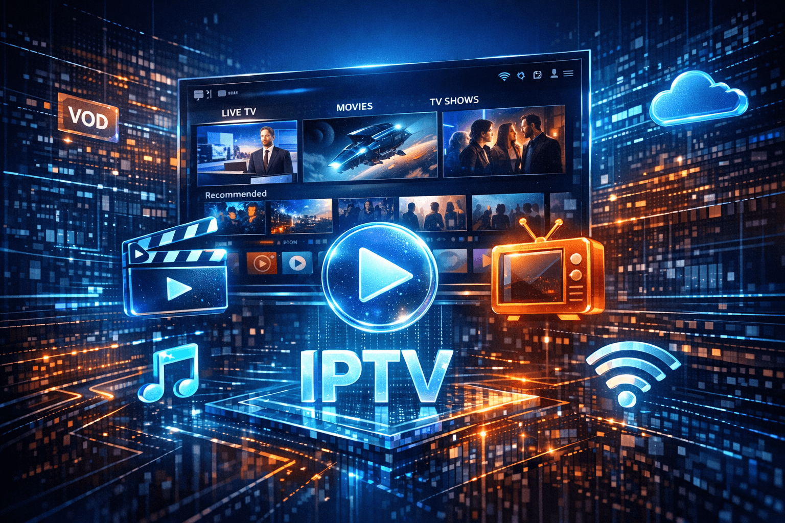 Modern IPTV interface with streaming icons over a dark blue background