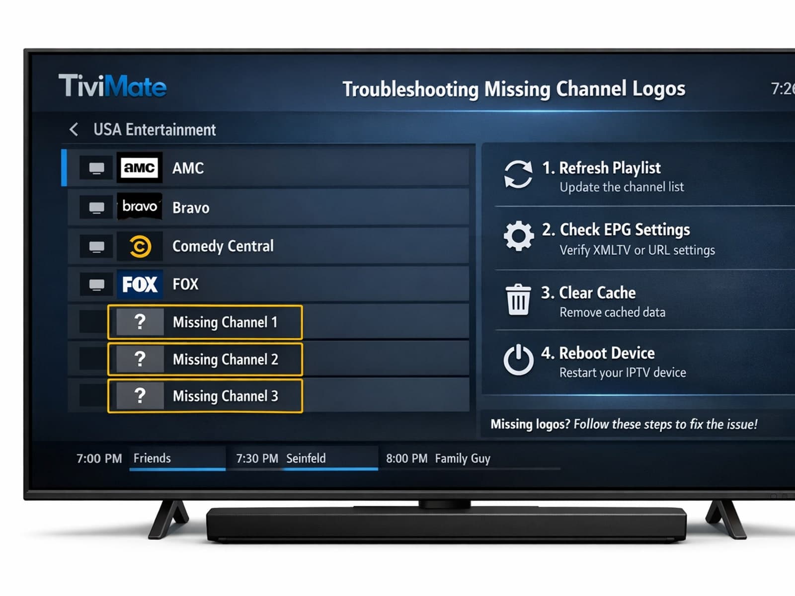 TiviMate IPTV app showing missing channel logos