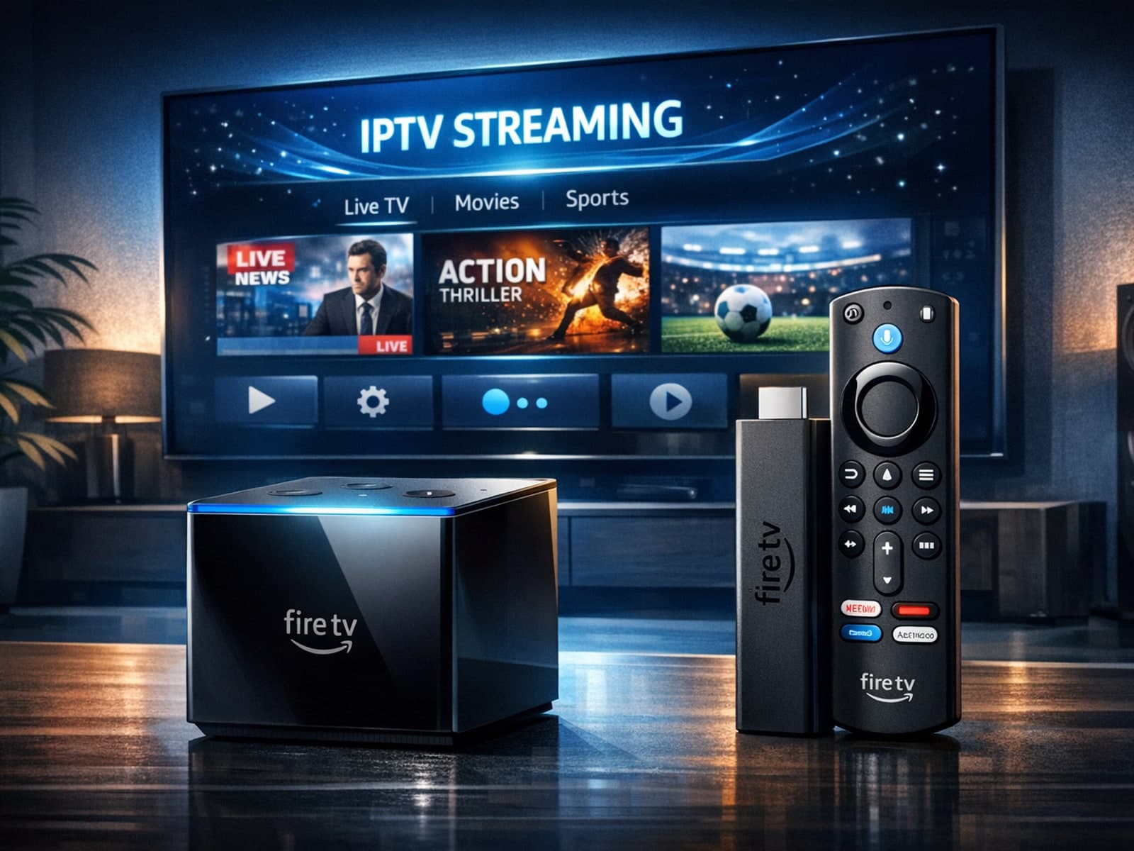 Editorial device comparison of Fire TV Cube and Fire TV Stick 4K Max with IPTV streaming visuals