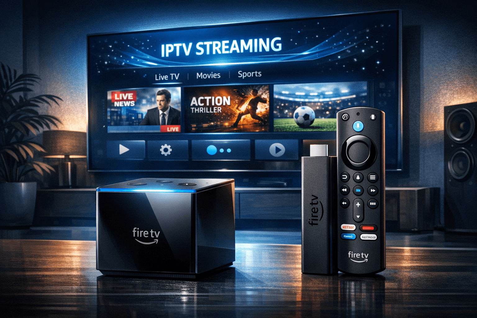 Editorial device comparison of Fire TV Cube and Fire TV Stick 4K Max with IPTV streaming visuals