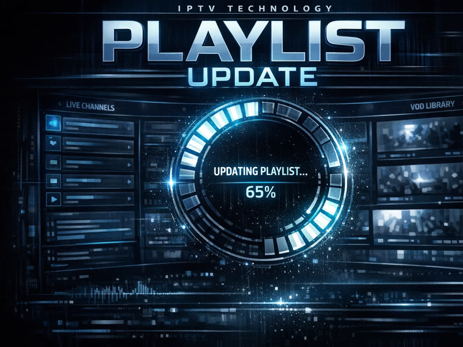 Illustration of a digital IPTV playlist update process with loading icon on dark blue background