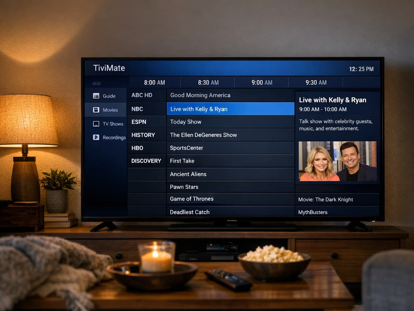 TiviMate app displaying Electronic Program Guide with correct timing on a TV screen