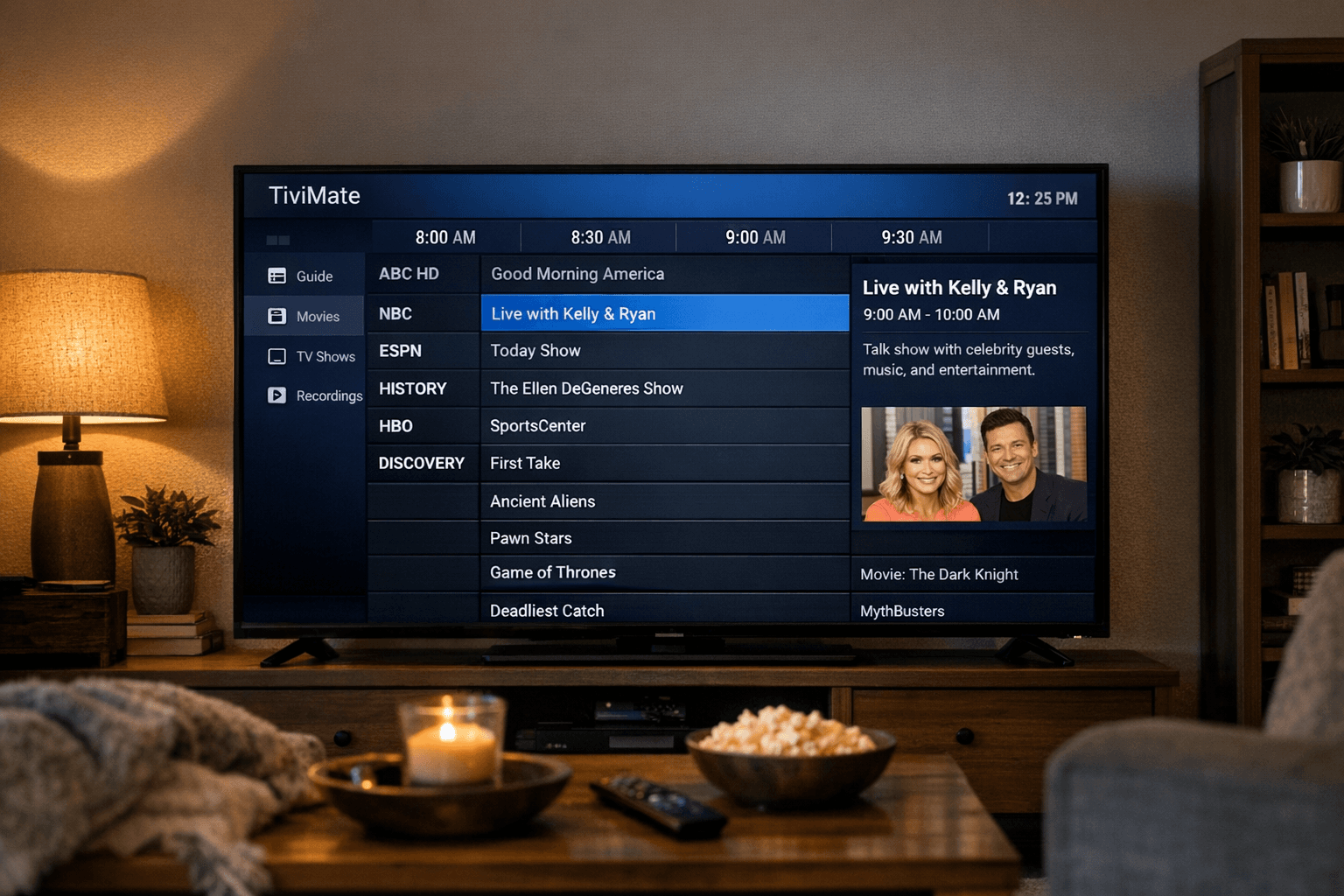 TiviMate app displaying Electronic Program Guide with correct timing on a TV screen