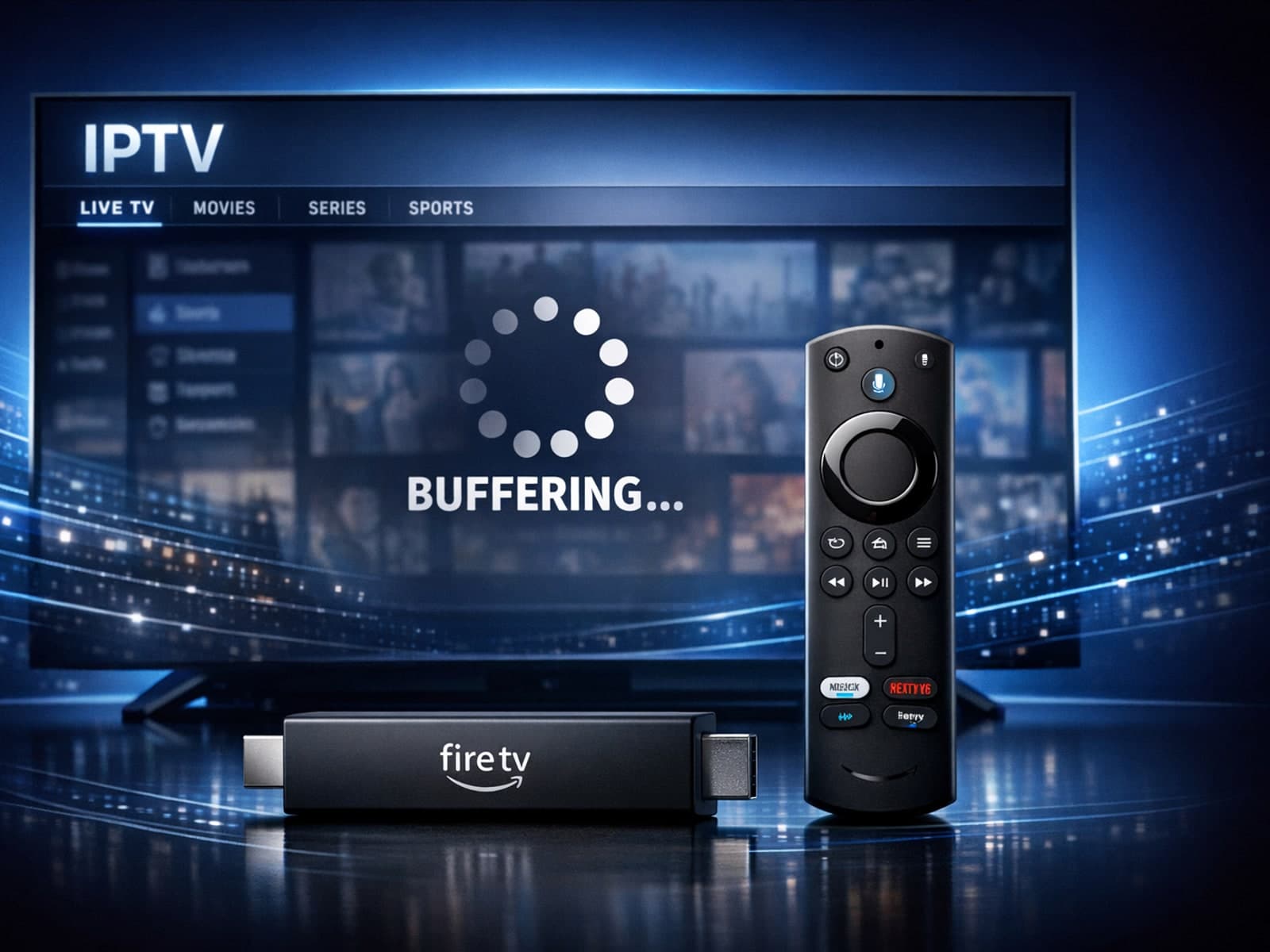 Fire TV Stick with IPTV interface showing buffering issues on a dark blue background