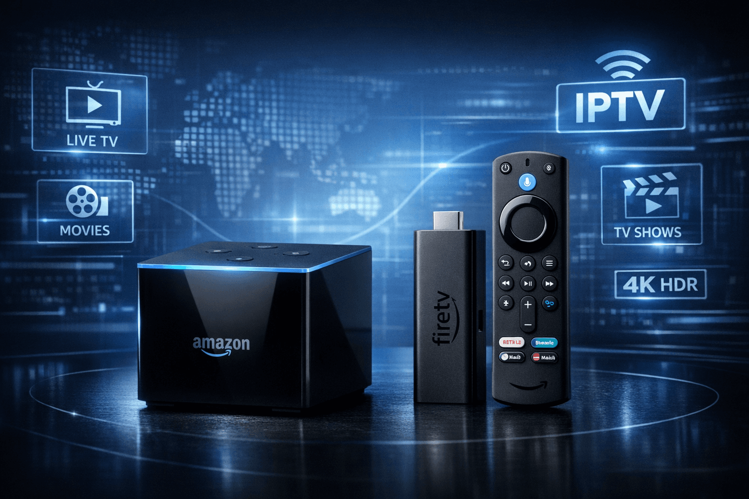 Fire TV Cube and Fire TV Stick 4K Max side by side on dark blue IPTV-themed background