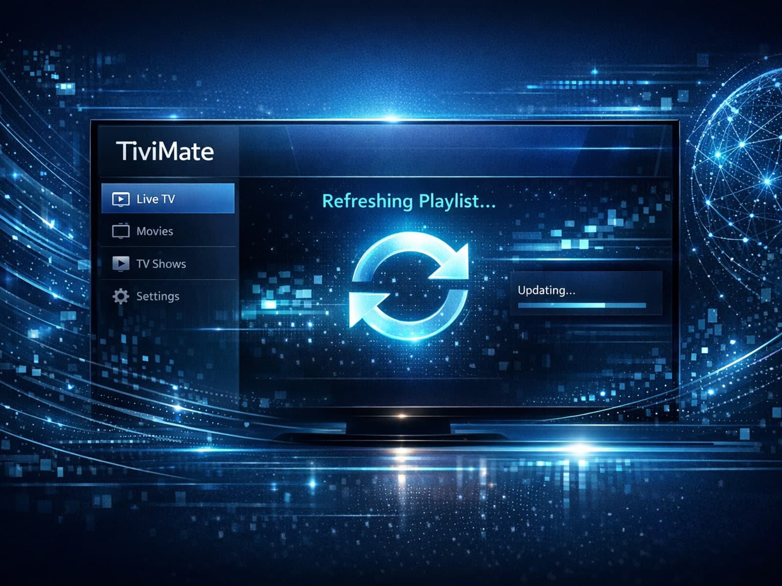 Dark blue themed IPTV interface with TiviMate app and playlist refresh icon