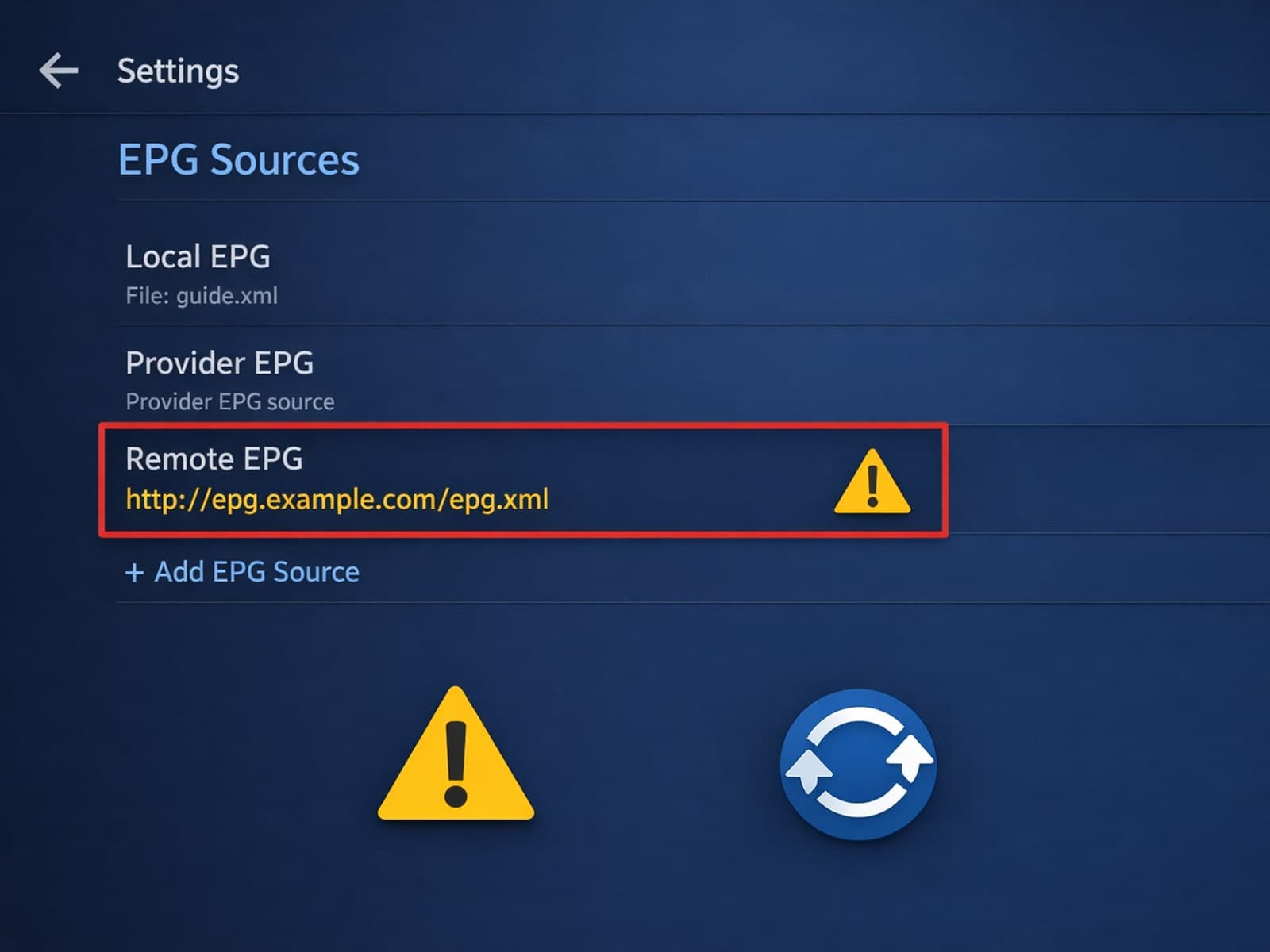 TiviMate app screen showing EPG source URL troubleshooting steps