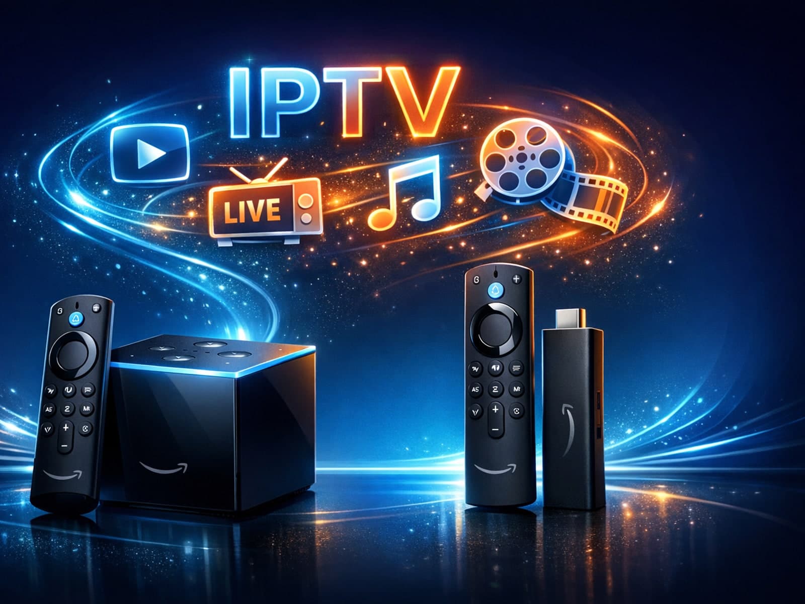 Fire TV Cube and Fire TV Stick 4K Max streaming IPTV on television screens