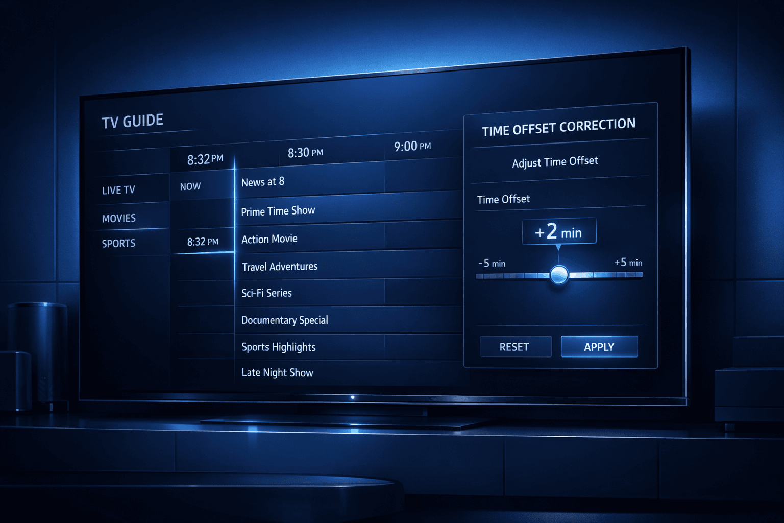 Illustration of a digital TV guide with correct time alignment on a dark blue IPTV interface